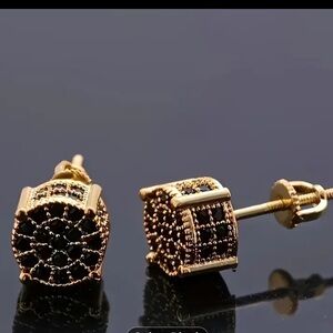 Black Sapphire and Gold Vermeil Stud Earrings Screw Back